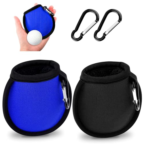 FUZVOL 2 PCS Golf Ball Cleaner Pouch Waterproof Golf Accesorries Washer Pocket with Carabiner Golf Ball Cleaner Bag Accesorries Golf Ball Dry-Clean Pocket Golf Gifts for MenBlue+Blcak