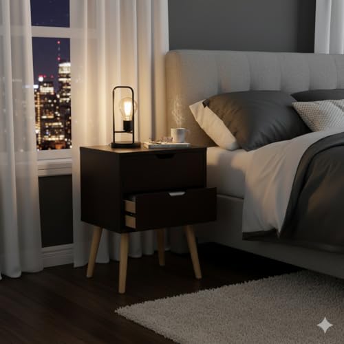 Image of Modern Wooden Bedside Table with 2 Drawers | Compact Night Stand Side Table for Bedroom Living Room | Space Saving Storage Furniture with Sturdy Legs (Brown, 2 Drawer)