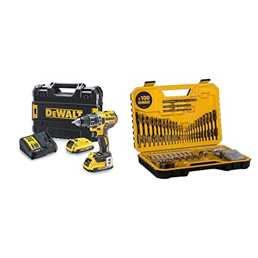 DeWalt Akku-Bohrschrauber/Akkuschrauber (18V, 2.0 Ah, bürstenlos, mit Zwei-Gang-Vollmetallgetriebe, 15 Drehmomentstufen) & DT71563, QZ Kombination Bohrer Set 100 Teile