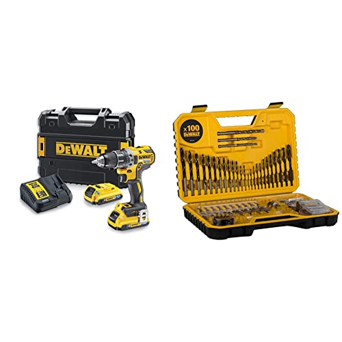 DeWalt Akku-Bohrschrauber/Akkuschrauber (18V, 2.0 Ah, bürstenlos, mit Zwei-Gang-Vollmetallgetriebe, 15 Drehmomentstufen) & DT71563, QZ Kombination Bohrer Set 100 Teile