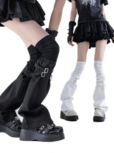 IKIOU Gothic Leg Warmers, Black or White Buckle Design, Y2K Fashion Style, One Size, Platform Shoes Compatible (Black, It can be worn within 15 inches of the calf circumference)