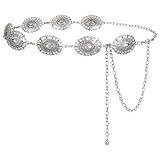 LEACOOLKEY Women Western Boho Chain Belt Country Concho Cowgirl Vintage chain Belt,silver