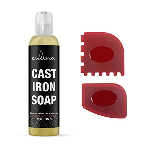 Image of Cast Iron Cleanser by Culina - Cleans and Protects Cast Iron Cookware, Kosher Certified 8oz with scrapers