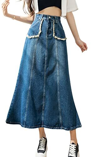 CHARTOU Women's Retro High Waist Long Denim A Line Maxi Skirt with Pockets2