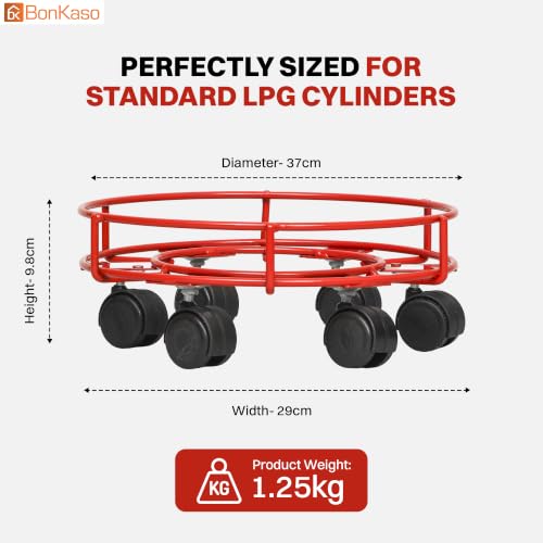 Image of Bonkaso 6-Wheel LPG Cylinder Trolley for Kitchen Gas Cylinder, Heavy-Duty Alloy Steel Stand with 360 Swivel PP Casters, 50 kg Load Capacity, Powder-Coated Red Finish for Home & Commercial Use