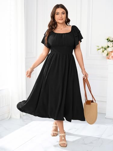 Image of Plus Size Maxi Dress Off The Shoulder Ruffle Smocked Wedding Guest Cocktail Slit Hem Flowy Dresses for Curvy Women