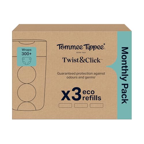 Tommee Tippee Twist & Click Nappy Bin Refills, Pack of 3, each 10.5 metres, Multilayer, Antibacterial* Film, Designed to Slot into Your Existing Twist & Click Nappy Bin Cassette (3 X 10.5m)