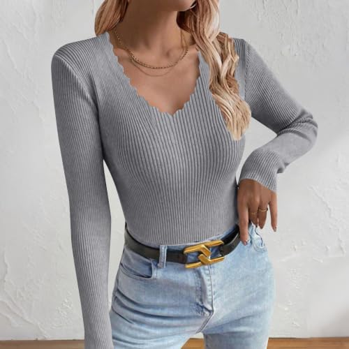 MESSIYO Long Sleeve Shirts for Women Scalloped Sweatshirt Grey - image 3