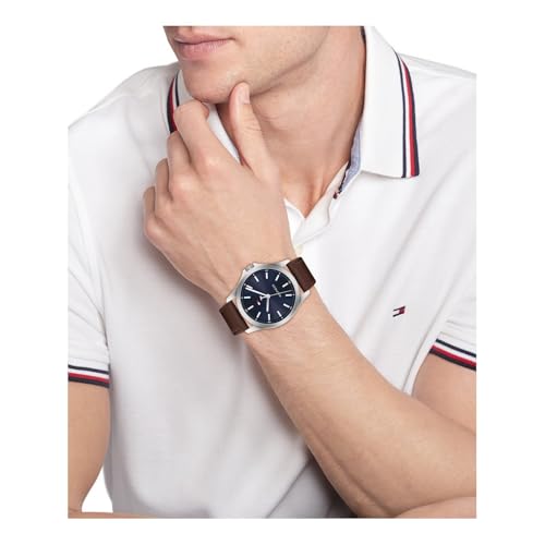 Image of Tommy Hilfiger Quartz Analog with Blue Dial Brown Leather Strap Watch for Men - TH1710669