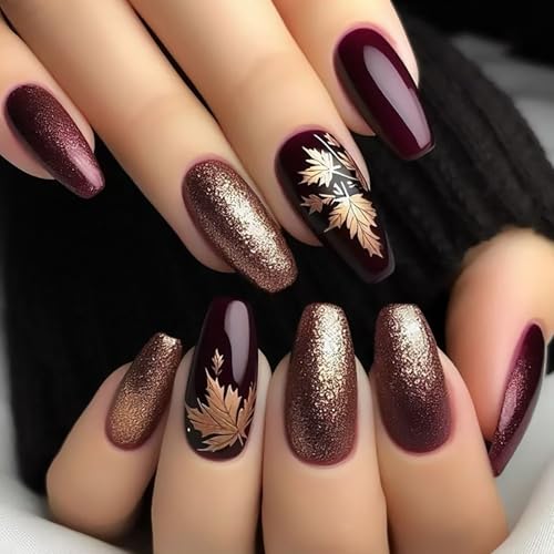 Tyuimhx Fall Maple Leaf Press on Nails Medium Coffin Fake Nails with Gold Glitter Designs Dark Red False Nail Acrylic Autumn Maple Leaves Stick on Nail for Women 24 Pcs