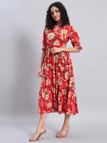 Image of PIDAVLIYA'S Women's Floral Summer Maxi Dress I Cotton Printed I One Piece Bodycon Midi Dress with V-Neck, Puffed Sleeves