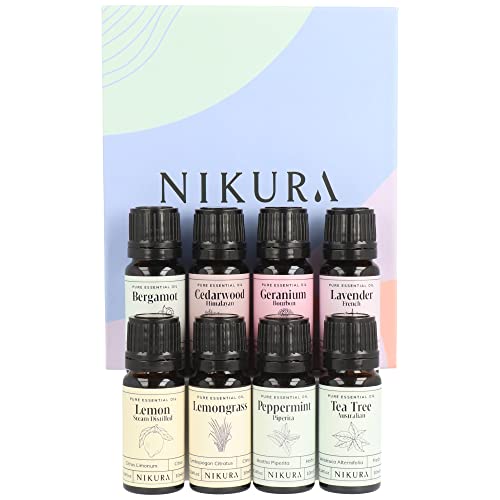 Nikura Luxury Essential Oil Gift Set - 8 x 10ml | Lavender, Tea Tree, Geranium, Peppermint, Bergamot, Cedarwood | for Aromatherapy, Gifts, Diffusers, Candle Making, Soap Making | Vegan & UK Made Nikura Luxury Essential Oil Gift Set - 8 x 10ml | Lavender, Tea Tree, Geranium, Peppermint, Bergamot, Cedarwood | for Aromatherapy, Gifts, Diffusers, Candle Making, Soap Making | Vegan & UK Made