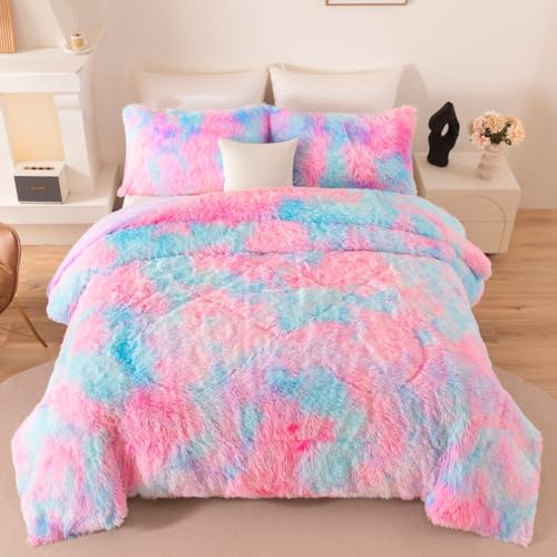 Image of King Size Fluffy Bedding Set Pink Purple Faux Fur Plush Comforter Set Rainbow Tie Dye Furry Warm Bed Quilt Set, 3 Pieces (Pink Purple, King)
