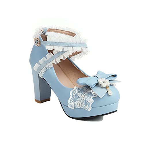Frauen Mary Jane Pumps Niedliche Schleife Perlen Kreuzgebundene Schnalle Mode High Heels Anti-Rutsch-Plattform Süße Lolita Prinzessin Schuhe für Party Cover