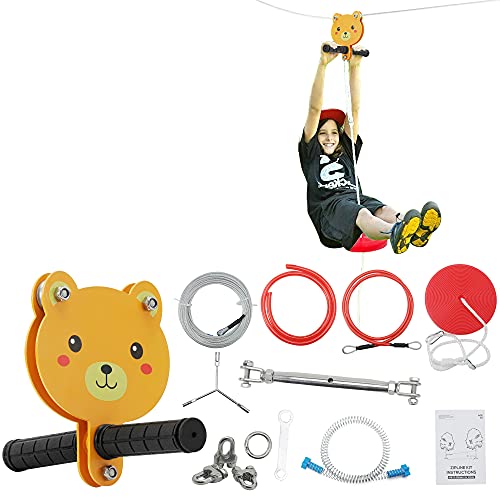 100 Feet Zip Line Kit ï¼ˆBearï¼‰for Kids and Adult Up to 300 lb with Zipline Spring Brake, Zip line Trolley with Handle and Thickened Seat,for Backyard Playground Entertainment Best Birthday Gift Set for Ages 8+ Fun-sized Adventures & Safety Comes Fi