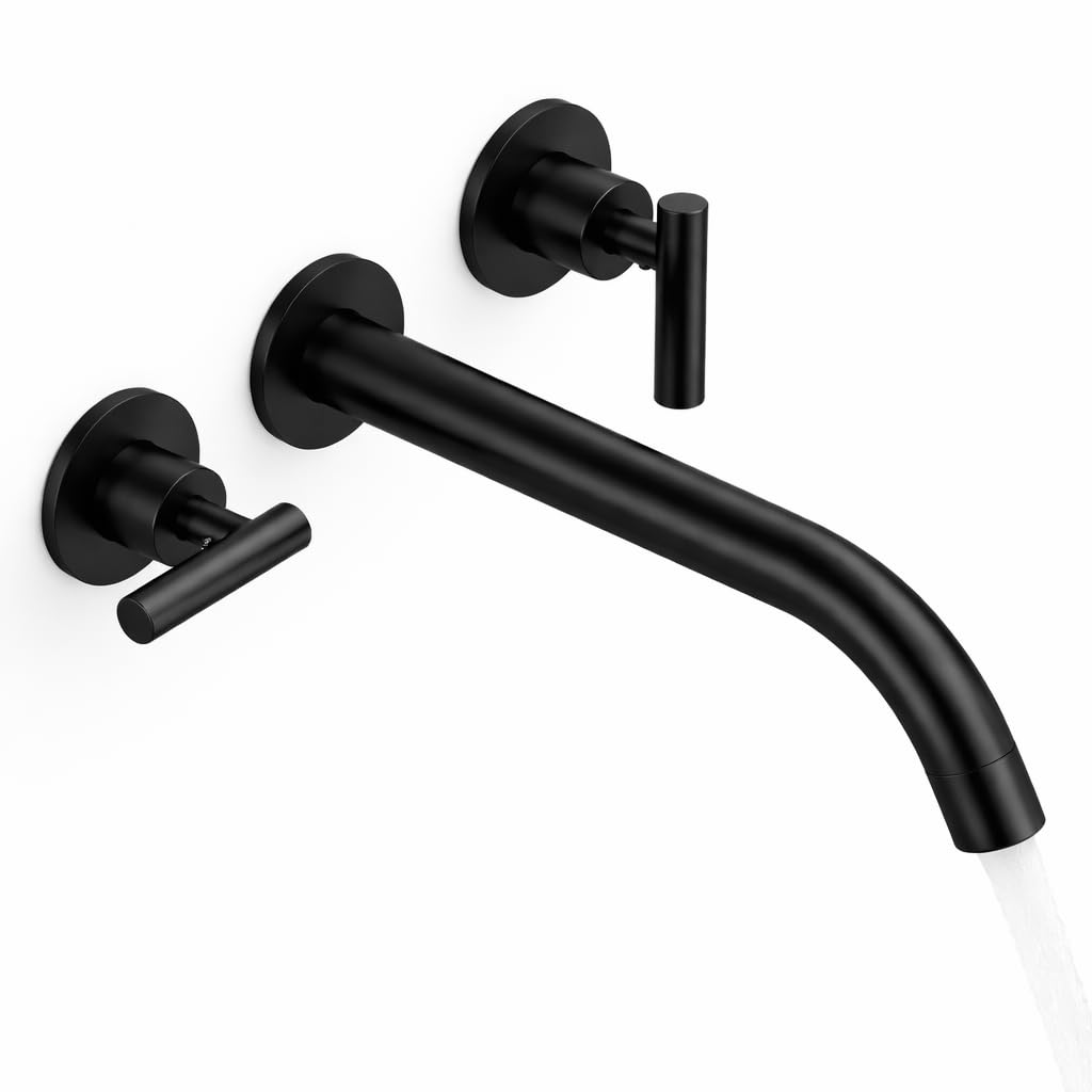 Sxithgkdw Matte Black Wall-Mount Bathtub Tub Filler, Solid Brass High-Flow Wall-Mount Tub Spout With 2 Handles, Long Spout Reach, For Filling Bathtubs