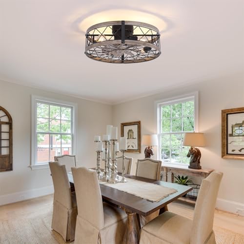 24" Farmhouse Caged Ceiling Fans with Lights Flush Mount, Rustic Low Profile Ceiling Fan with Light and Remote, Quiet Reversible DC Motor Bladeless Enclosed Ceiling Fan for Bedroom Kitchen Dining Room by REDSTAR - Used condition - Image 6