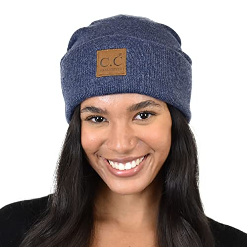 C.C Unisex Soft Warm Acrylic Knit Cuffed Recycled Yarn Beanie, Heather Navy