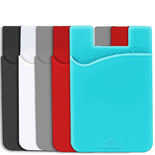 SHANSHUI Phone Wallet Stick on, Card Holder for Back of Phone Double Silicone Credit Business Card Sleeve Pocket Compatible with iPhone, Samsung Galaxy and Every Smartphones (MultiColors-5pcs)