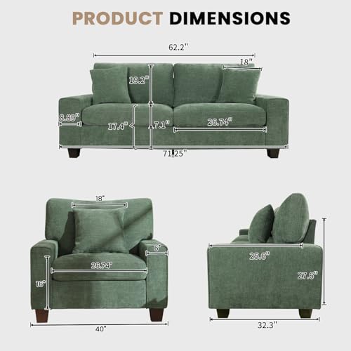 Image of DOPEDIO Modern Living Room Sofa Set, 71.25 inch Chenille Loveseat with 2 Accent Chairs, Removable Covers, Spring Cushions, Solid Wood Frame, Easy Assembly(71.25inch+2 Single,Green)