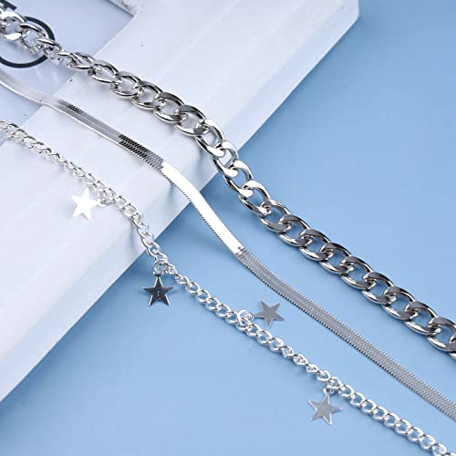 Yheakne Vintage Layered Curb Chain Necklace Silver Herringbone Necklace Dangle Star Choker Necklace Punk Multiple Layering Chain Necklace Jewelry For Women And Girls (Silver) #TOP2