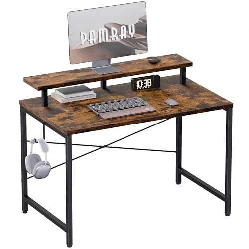Pamray 32 Inch Small Computer Desk with Monitor Stand, Simple Office Desk with Headphone Hook for Small Spaces, Kids Study Writing Table for Bedroom, Vintage