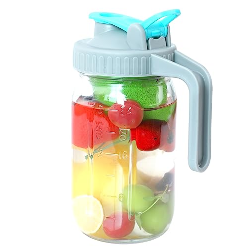 Image of 32 Oz Glass Mason Jars Pitcher With Handle Pour Spout Lids, 1 Quart Wide Mouth Jar Pitcher With Flip Cap Pour Spout For Cold Coffee Iced Tea Fridge Drinking Airtight & Leakproof