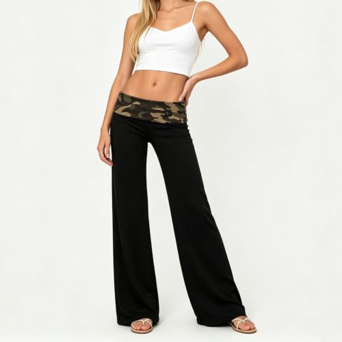 Image of Lounge Yoga Pants for Women Fold Over Low Waist Wide Leg Bell Bottoms | Y2K Foldover Pants, Flare Leggings, Low Rise Yoga Sweatpants