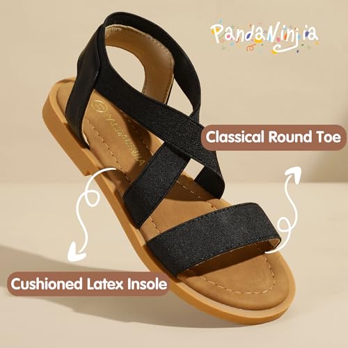 Image of PANDANINJIA Girls Sandals Slip-on Elastic Ankle Cross Strappy Gladiator Dress Sandals Flats Summer Shoes Little Big Kids Sandals