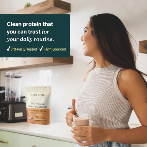 Image of Sprout Living Epic Protein, Plant Based Protein & Superfoods Powder, Chocolate Maca Powder | 20 Grams Organic Protein Powder, Vegan, Non Dairy, Non-GMO, Gluten Free, Low Sugar (2 Pound, 24 Servings)
