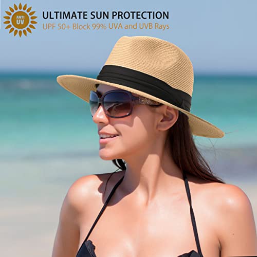 Panama Hat For Women Men,Raffia Straw Sun Hat Summer Beach Hats Wide Brim Fedora Foldable Vacation Travel Packable Cap Khaki #TOP5
