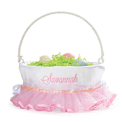 Personalized Easter Egg Basket with Handle and Custom Name | Pink Tutu Easter Basket Liners | White Basket | Woven Easter Baskets for Kids | Customized Easter Basket | Personalized Gifts for Easter