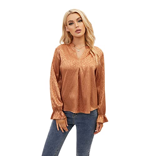 SUNNOW Women's Satin Leopard Blouse V Neck Frill Lantern Long Sleeve Work Casual Shirts Collarless Loose Elegant Top Shirt (M) Caramel