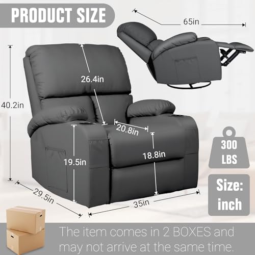 Image of LEVELEVE Rocking Recliner Chair, Massage Rocker Recliner Chair with Vibration Massage and Heat,USB and Type-C Ports, 360 Swivel Faux Leather Chairs, Living Room, Bedroom, Nursery, RV, Dark Grey