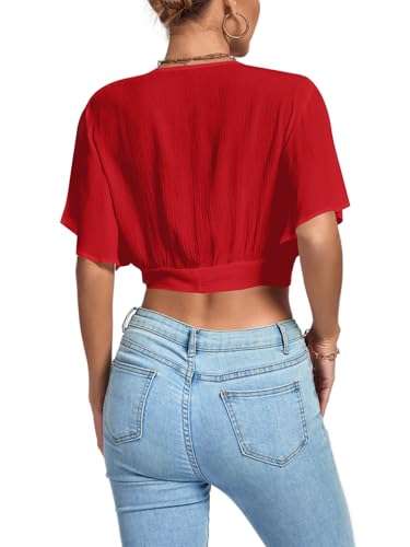 Image of LYANER Women's Sexy Deep V Neck Tie Front Wrap Cropped Blouse Bell Short Sleeve Ruffle Crop Tops