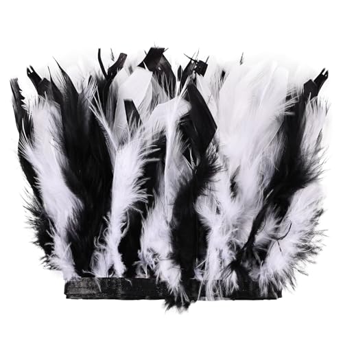 MAOFENG 2 Yards Natural Turkey Feathers Trim Sewing Fringe Fashion Dress Sewing 4-6inch for DIY Handicrafts Costumes Decoration,Black+White