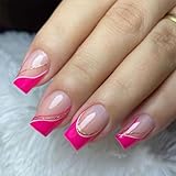 French Tip Press on Nails Medium Square Fake Nails Hot Pink False Nails with Gold Glitter Line Design Glossy Glue on Nails Full Cover Acrylic Nails Artificial Stick on Nails for Women Girls 24Pcs