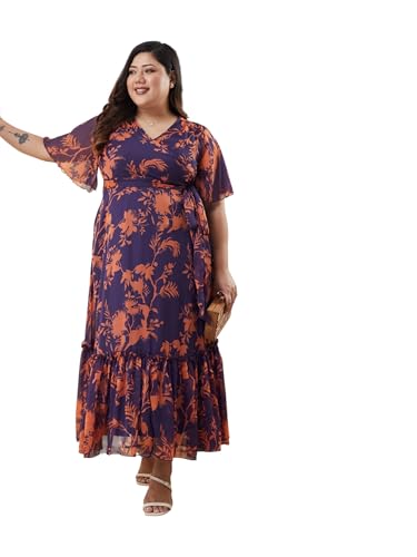 Image of Miss Chase A+ Women's Floral Wrap Chiffon Maxi Dress with Flutter Sleeves Frilled Hem