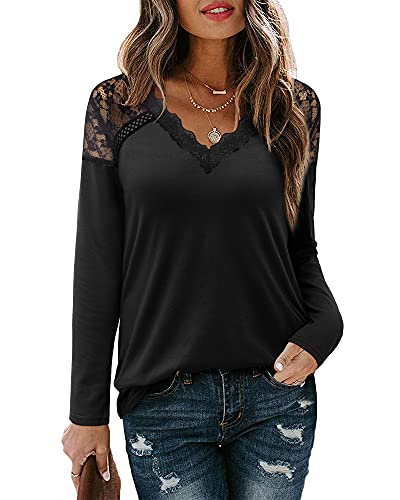 LAISHEN Women s V Neck Crochet Lace Trim Shirts Long Sleeve Casual Loose Blouses Tunic Tops(Black,L)
