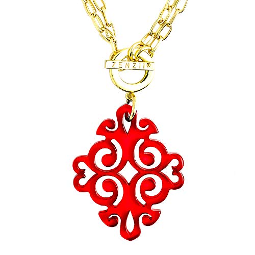 Zenzii Twirling Blossom Resin Pendant 2-In-1 Necklace With Toggle - Long Fashion Swirl Emblem Acrylic Charm With Gold Chain For Women (Red) #TOP10
