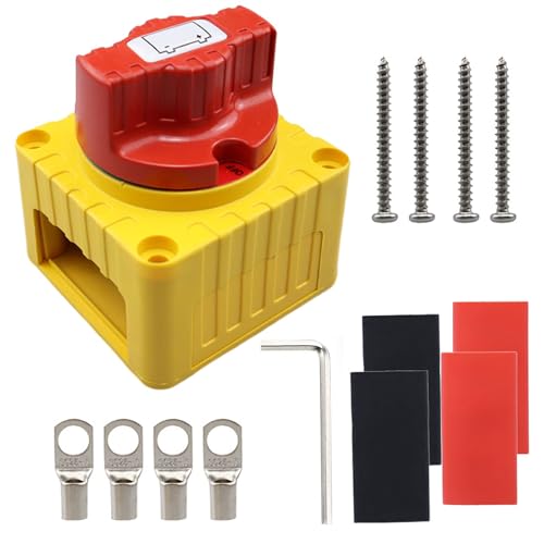 Greluma Interruptor de Desconexión de Batería DC 12-48V, Aislador 300A, Corte de Energía para Barcos, Vehículos Recreativos, Color Rojo y Amarillo