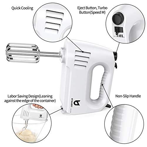 Hand Mixer Electric, Utalent 300W (Peak Power) Multi-speed Hand Mixer with Turbo Button, Easy Eject Button and 5 Attachments (Beaters, Dough Hooks, and Whisk)