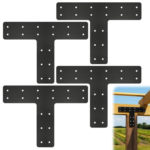 Alffun 4 Pack T Post Timber Frame Brackets, 14"x10" T Flat Mending Plate Fit 4x4,6x6 Lumber, Post to Beam Connector with Black Powder-Coated for Fixing, Repairing, Strengthening