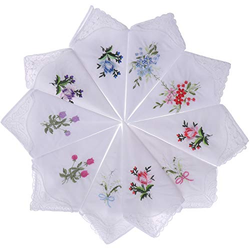 20Pcs Women Floral Handkerchiefs Vintage Floral Embroidered Cotton Ladies Handkerchiefs, White #TOP3