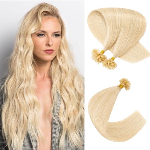 Rich Choices U Tip Pre Bonded Remy Human Hair Extensions 100 Strands Per Package Nail Tip Italian Keratin Fushion Hairpiece Long Straight Silky For Women #613 Bleach Blonde 16 inches 50g