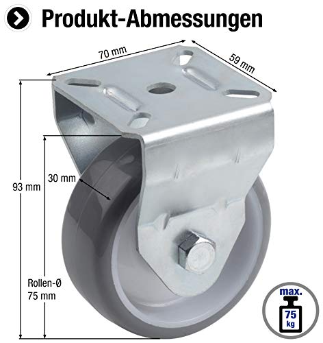 Metafranc Bockrolle Ø 75 mm - 70 x 59 mm Platte - Polyurethan-Rad - Weiche Lauffläche - Rollenlager - 75 kg Tragkraft / Transportrolle / Möbelrolle / Schwerlastrolle / 802910