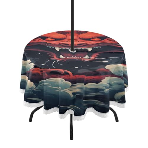 Wajiw 60 Inch Indoor Outdoor Round Tablecloth with Umbrella Hole and Zipper Waterproof Patio Table Cover for Camping Dining Room Party Outdoor Picnic,Dragon