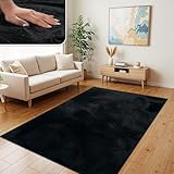 TT Home Wohnzimmer Teppich Hochflor Langflor Kunstfell Weich Modern Unifarben Flauschig, Farbe: Schwarz, Größe:120x160 cm