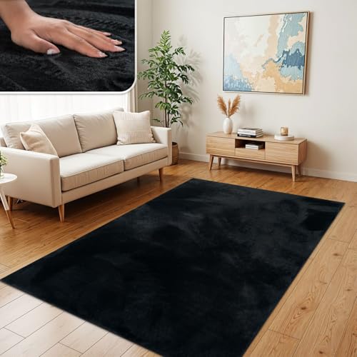 TT Home Wohnzimmer Teppich Hochflor Langflor Kunstfell Weich Modern Unifarben Flauschig, Farbe: Schwarz, Größe:140x200 cm