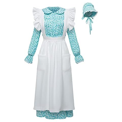 Pioneer Dress Women-Prairie Colonial Dress Costume Floral Laura Ingalls Pioneer Trek Halloween Costume Blue L Cover